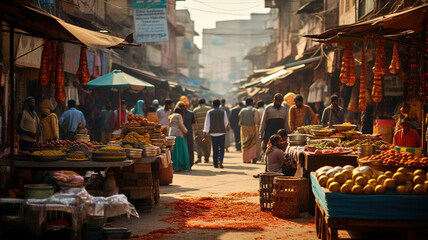 Bustling Market With Colorful Stalls - obrazy, fototapety, plakaty