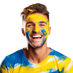 front view of a handsome man with his face painted with a Ukraine flag colors smiling isolated on a white transparent background 