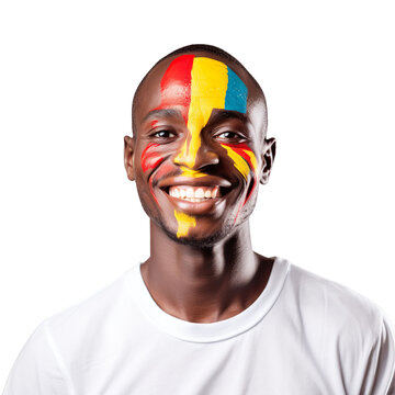 front view of a handsome man with his face painted with a Uganda flag colors smiling isolated on a white transparent background 