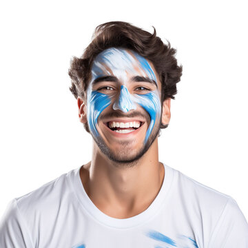 front view of a handsome man with his face painted with a Uruguay flag colors smiling isolated on a white transparent background 