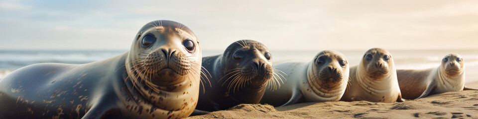 Seals lounging in a row on a sunlit beach,  their whiskered faces and sleek bodies adding charm to the scene - obrazy, fototapety, plakaty