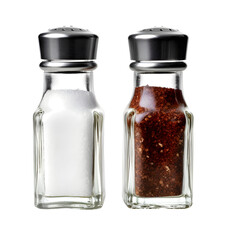 Bottles of pepper, chili powder and salt, seasonings, PNG file, isolated background.