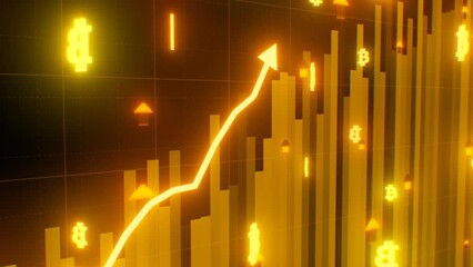 Bitcoin Price Pump Rising Animated Gold Chart Arrow Bull Market Rally - 4K Seamless VJ Loop Motion Background Animation