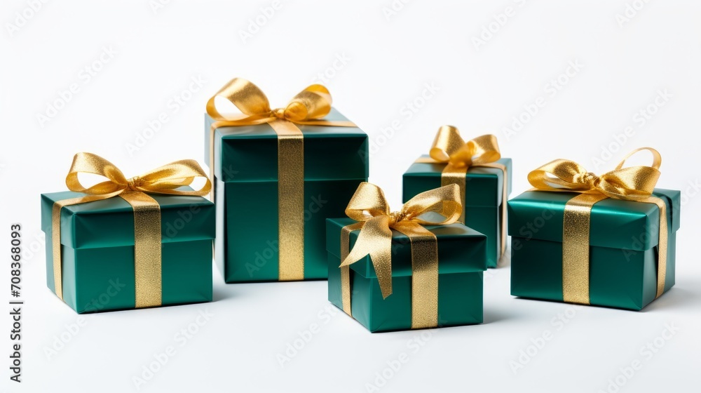 Poster 5 green gifts wrapped with golden ribbon on a white isolated background generative ai