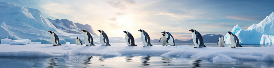 Penguins sliding in a row on icy slopes,  their sleek bodies gliding effortlessly across the frozen landscape