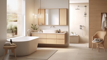 A Scandinavian-style bathroom with light wood tones, clean design, and simple aesthetics. photorealistic Generative AI