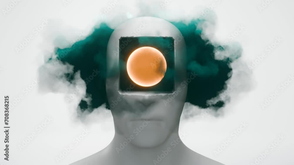 Poster abstract head with a hole, featuring clouds, symbolizing a blend of the human mind and ethereal elem