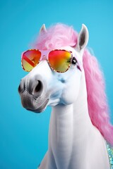 A quirky image of a white horse with vibrant pink mane wearing colorful sunglasses against a blue background