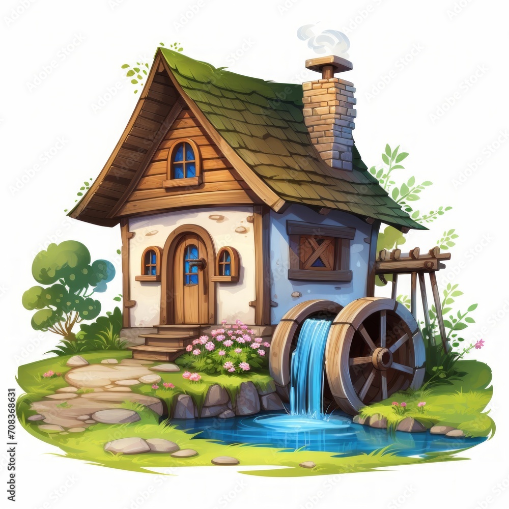 Aufkleber a cozy fairytale house with a rustic water well and a serene countryside setting. generative ai