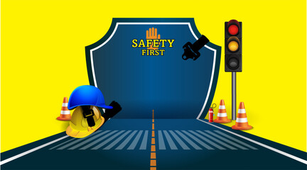 Road safety poster concept. National Road Safety day. Safety first, Road with traffic light, helmets and seat belt design. - obrazy, fototapety, plakaty