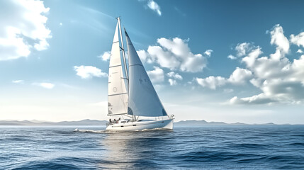 sailing yacht gliding on blue waves smoothly - obrazy, fototapety, plakaty