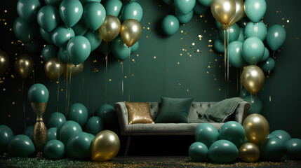 Luxurious background interior room with balloons and decorate. Photo-wall decoration for St. Patrick's Day, wedding, birthday, party. Beautiful decorative celebration concept. Generative AI - obrazy, fototapety, plakaty