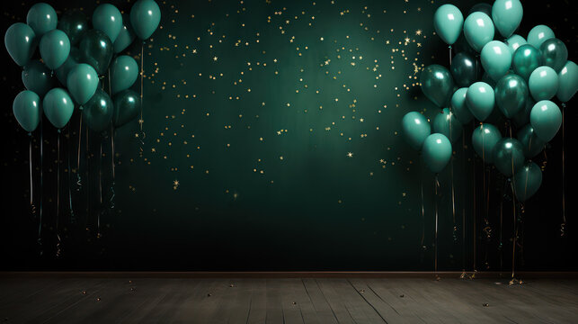 Luxurious background interior room with balloons and decorate. Photo-wall decoration for St. Patrick's Day, wedding, birthday, party. Beautiful decorative celebration concept. Generative AI