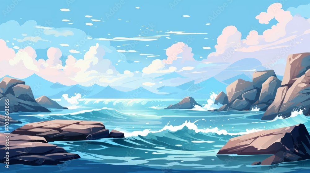 Poster a dramatic seascape with crashing waves and rocky cliffs. vector cartoon graphic generative ai