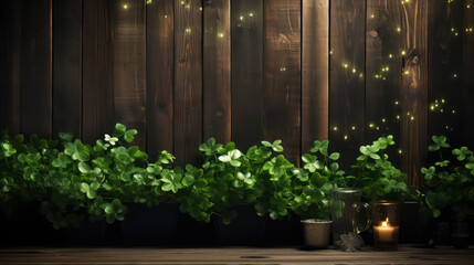 Fototapeta premium Clover shamrock leaf on wooden texture for St. Patrick's day event celebration. Generative AI