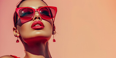 Close up of a confident young woman with a peach copyspace background for text