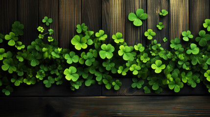 Clover shamrock leaf on wooden texture for St. Patrick's day event celebration. Generative AI