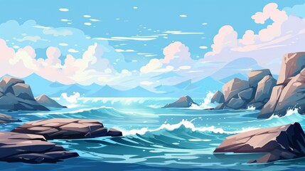 Obraz premium A dramatic seascape with crashing waves and rocky cliffs. vector cartoon graphic Generative AI
