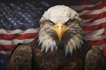 Bald eagle on American flag background