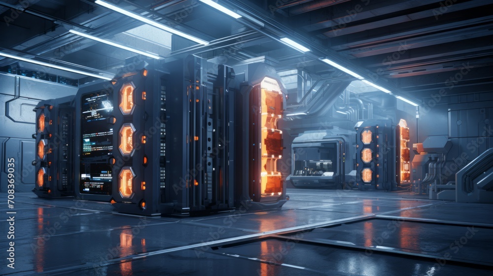 Poster a futuristic visualization of a render farm facility, showcasing cutting-edge technology and advance