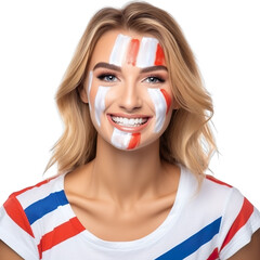 front view of a beautiful woman with her face painted with a Croatia flag colors smiling isolated on a white transparent background 