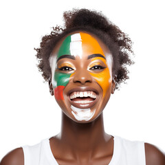 front view of a beautiful woman with her face painted with a Côte d'Ivoire flag colors smiling isolated on a white transparent background 