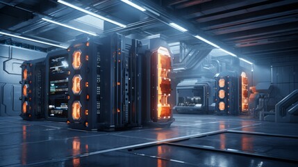 A futuristic visualization of a render farm facility, showcasing cutting-edge technology and advanced cooling systems to support intensive rendering tasks Generative AI