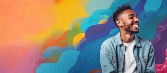 Smiling African American man sitting on colorful backdrop.