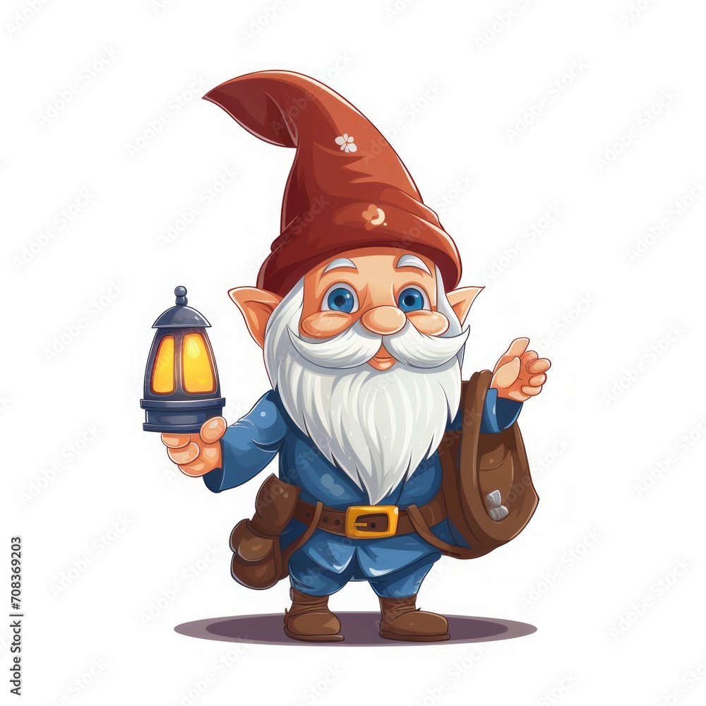 Poster a lovable gnome wearing a pointed hat and holding a lantern, exploring inquisitively. generative ai