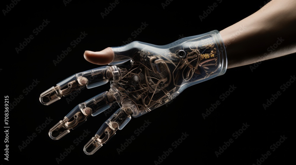 Poster a high-tech visualization of a bionic limb, featuring cutting-edge materials and innovative mechanis
