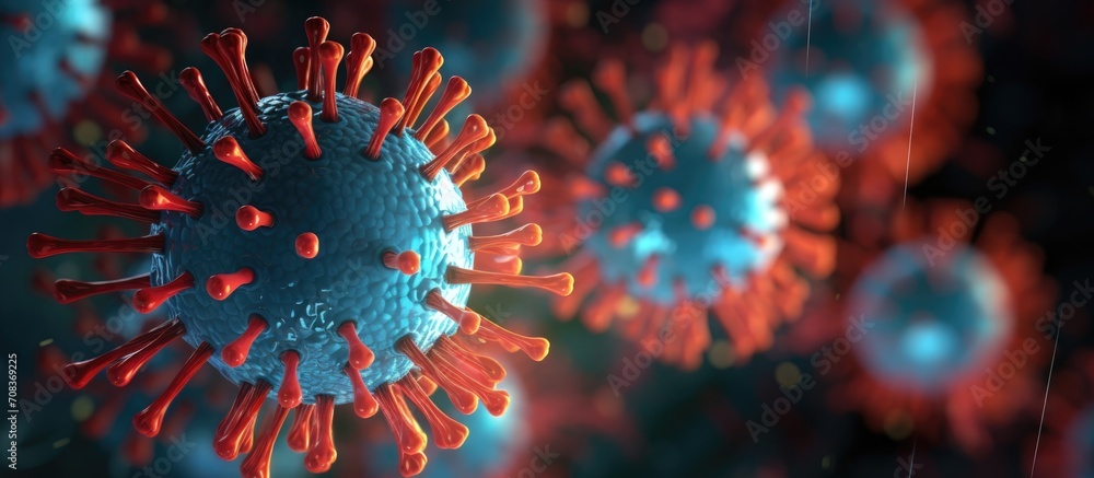 Poster covid-19 outbreak. microscopic view of a virus. sars-cov-2 omicron variant. 3d rendering.