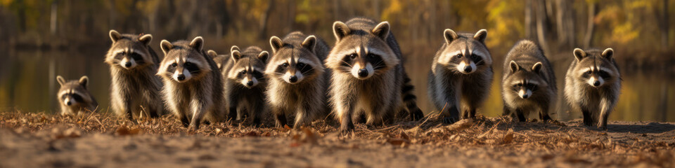 Raccoons marching in a row along a riverbank,  their masked faces and nimble paws adding intrigue...