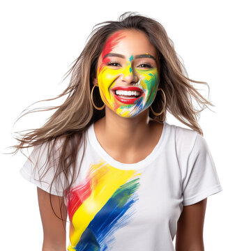 front view of a beautiful woman with her face painted with a Ecuador flag colors smiling isolated on a white transparent background 