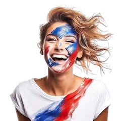 front view of a beautiful woman with her face painted with a France flag colors smiling isolated on a white transparent background 