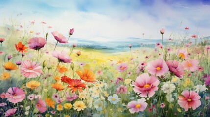 Fototapeta na wymiar A peaceful meadow filled with colorful wildflowers. landscape watercolor Generative AI