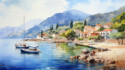 Fototapeta na wymiar A picturesque, quaint fishing village along the coast. landscape watercolor Generative AI