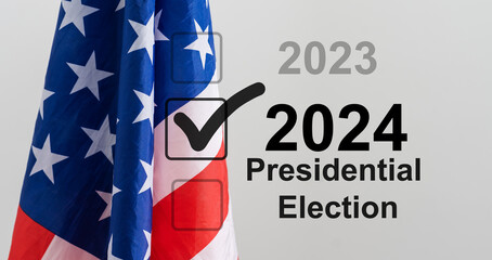 2024 presidential election year in United States as illustration template on blue background wall...