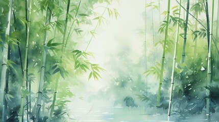 A serene bamboo forest with tall stalks and filtered sunlight. landscape watercolor Generative AI