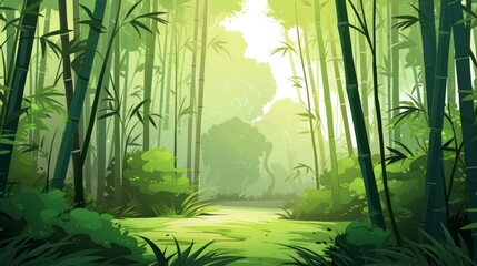 A serene bamboo forest with tall stalks and filtered sunlight. vector cartoon graphic Generative AI
