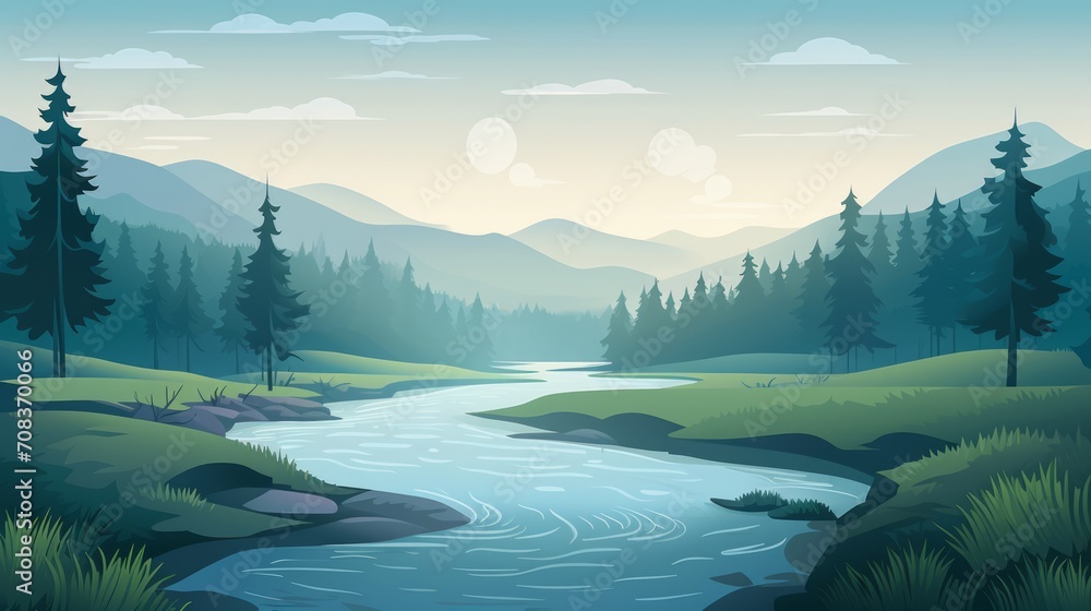 Poster a serene river winding through a dense, foggy forest. vector cartoon graphic generative ai