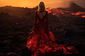 A woman wearing volcano lava theme outfit for a fashion shoot outdoors on a volcano - obrazy, fototapety, plakaty