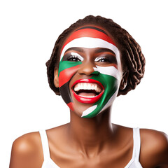 front view of a beautiful woman with her face painted with a Malawi flag colors smiling isolated on a white transparent background 