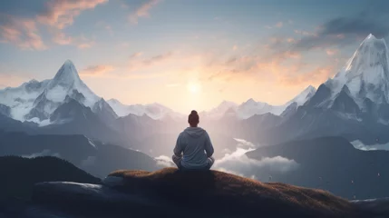 Fotobehang A serene yogi practicing meditation atop a mountain peak, surrounded by breathtaking vistas. Generative AI © vadosloginov