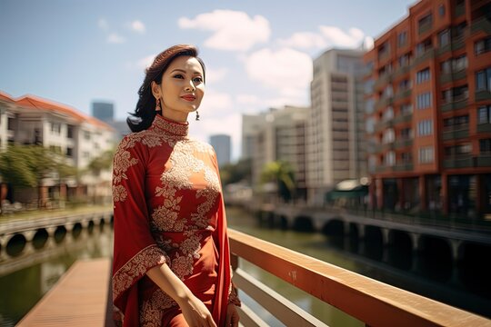 Singapore beauty shines in a traditional Baju Kurung dress, a captivating blend of culture and elegance