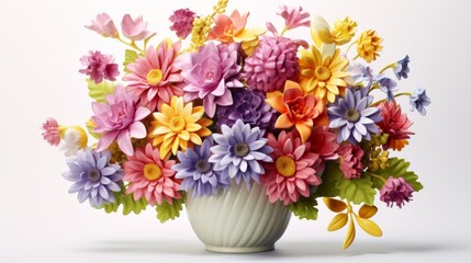 A stunning bouquet featuring a blend of brightly colored flowers, set against a simple white surface, allowing space for customized text or logos. Generative AI