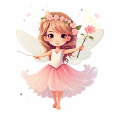 A tiny fairy with delicate wings and a flower petal dress, spreading magic with a wand. flat, fairy tale, cartoon, cute, white background Generative AI