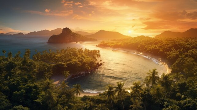 A stunning drone's view of islands with palm trees bathed in the warm, golden light of the setting sun, painting a picturesque and peaceful seascape Generative AI
