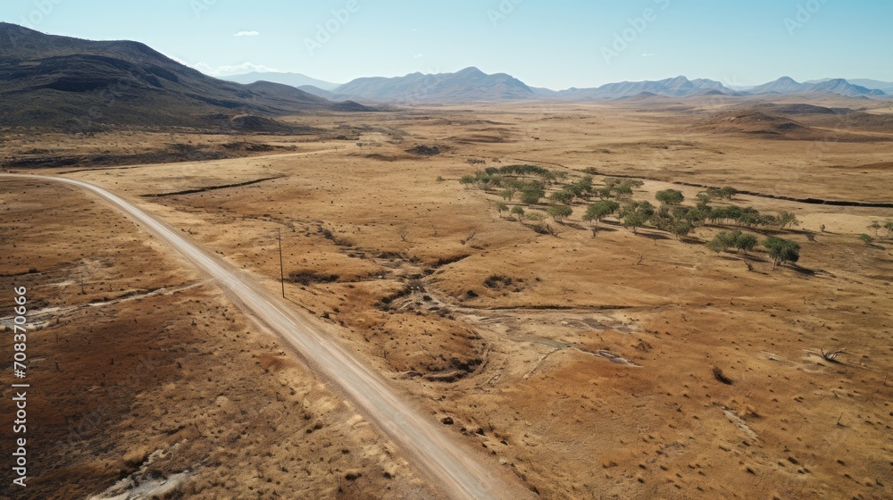 Poster aerial perspective of remote desert road ::1 visual presenting a top view of a vacant road winding t