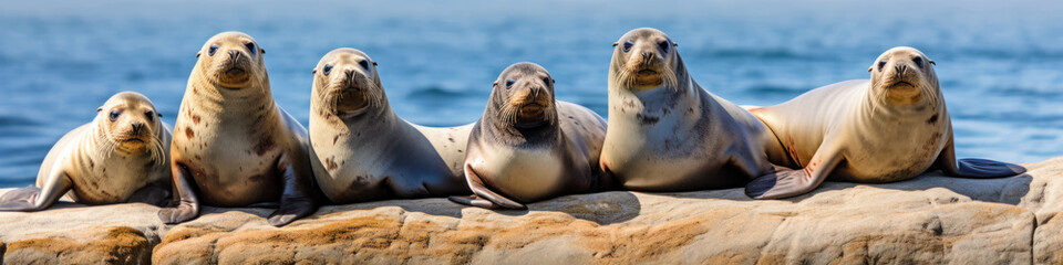 Seals basking in the sun in a row along the rocky coastline,  their sleek bodies glistening in the sunlight