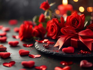 Zdjęcie przedstawiające harmonijne połączenie pięknych czerwonych róż i serc, tworzących razem romantyczną całość. - obrazy, fototapety, plakaty
